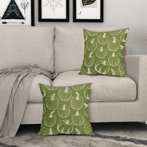 Lime Green Fall Pumpkin Pillow Covers 22x22 Set of 2 Autumn Themed Thanksgiving Cream Print Decorative Throw Pillows Outdoor PillowCase Farmhouse Linen Cushion Case Decor for Home Sofa Couch Bed - Image 3