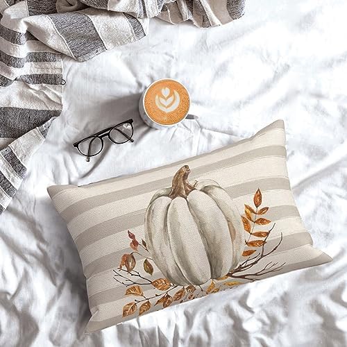 Fall Pillow Covers 12x20 Set of 2 Pumpkin Leaf Branch and Stripes Fall Decor Pillowcase Linen Autumn Thanksgiving Decorative Outdoor Throw Pillow Covers Farmhouse Cushion Case for Couch Home - Image 3