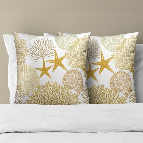 Summer Ocean Themed Nautical Coastal Throw Pillow Covers 18X18 Inches Set of 2 Yellow Seashell Starfish Coral Pillowcase Soft Cotton Square Cushion Covers for Home Sofa Patio Bedroom Decoration - Image 3