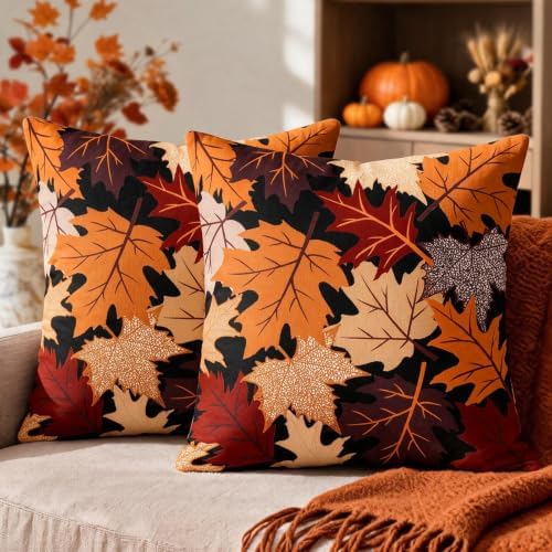 Fall Leaf Pillow Covers 16x16 Set of 2 Black Orange Maple Leaves by Unknown