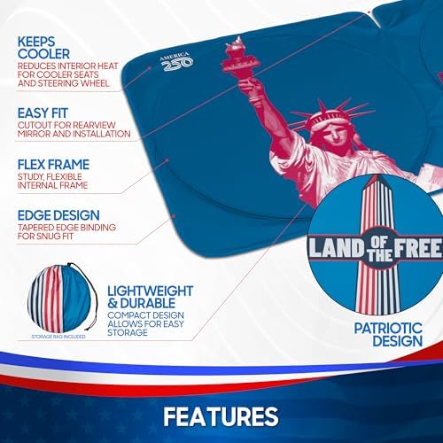 Motor Trend Statue of Liberty Washington Monument Windshield Sun Shade America 250 Pop Up Patriotic Car Sunshade Split Design Protection Heat Blocker Foldable Cover Truck SUV 4th of July Memorial Day