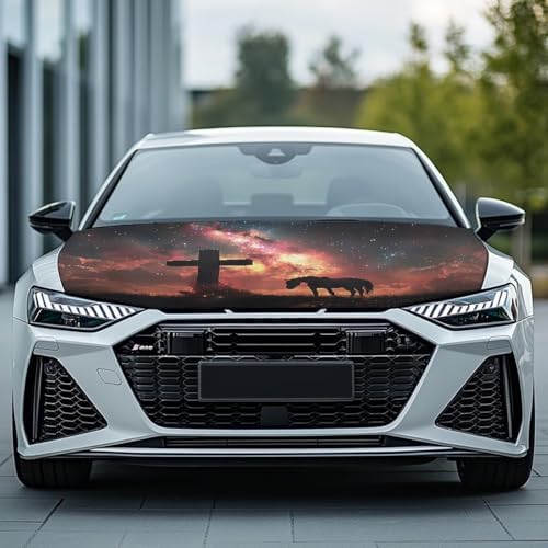 Cross Horse Car Hood Cover Polyester Elastic Fabrics Washable Suitable for Large SUV and Pickup Trucks 39×59in