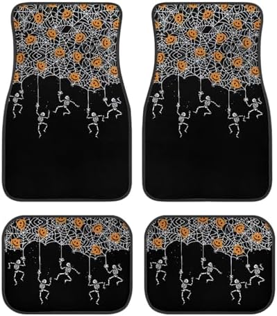 White Spider Web Skeleton Black Print Funny Halloween Car Floor Mats 4 PCS, Cute Durable Interior Accessories for Car SUV, All Weather Floor Mats with Front Rear Trunk Liners Set for Party
