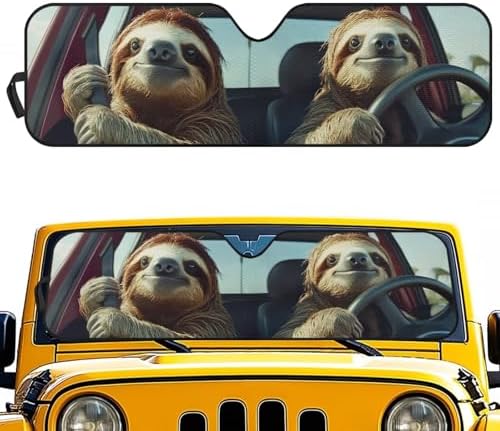 Renewold Funny Sloth Driving Windshield Sunshade for Jeep Wrangler JK JKU JL Foldable UV Ray Heat Reflector Summer Car Front Window Sun Visor Shield Cover Fit for Jeep Gladiator JT Vehicles Sun Shade
