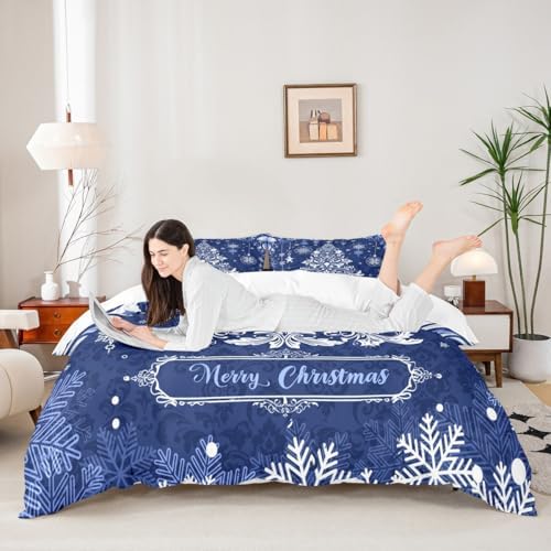 Merry Christmas Kids Duvet Cover Set Twin Size,Christmas Tree Paisley Boho Bedding Set,Girls Boys Adults Room Decor,Snowflake Bell Holiday Comforter Cover,Blue Romantic Quilt Cover,1 Pillowcase - Image 2