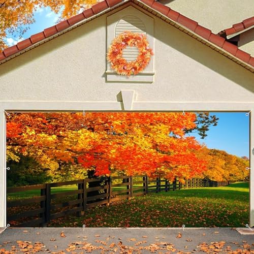 Fall Garage Door Cover Banner Decorations Backdrop 7x16ft Large Thanksgiving Autumn Maple Leaves Fence Photo Backdrop Nature Photography Background Garage Door Banner Portrait Photo Studio Props by Caaerttply