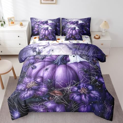 Erosebridal Halloween Pumpkin King Comforter Set 7 Piece,Gothic Purple Floral Bedding Set with Sheets Spooky Ghost Bed in A Bag for Kids Adults,Spider Web Decor Bed Set with Comforter by Erosebridal