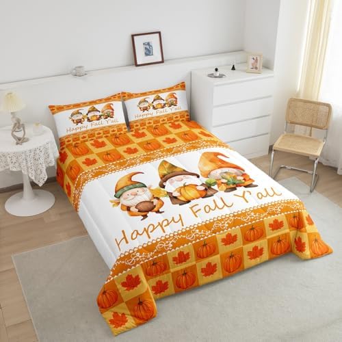 Erosebridal Cute Gnome Comforter Set Full Size Pumpkin Bedding Set Maple Leaves Sunflower Fruits Autumn Harvest Down Comforter for Kids Girls Boys Duvet Insert Thanksgiving Orange Room Decor 3Pcs - Image 5