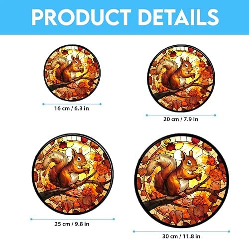 Squirrel Stained Glass Window Hanging 12” Round Handicraft Blue Flower Glass Window Panel Farmhouse Style Window Suncatcher Perfect Window Hangings Housewarming Gift (with Chain Hook) - Image 6