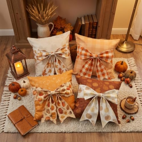 GAGEC 3D Fall Bow Pillow Covers 20x20 Inch Set of 4 Plaid Bow Pillowcases Marple Leaves Pumpkins Autumn Decor Fall Decorations for Home Farmhouse Sofa Cushion Case Holiday Thanksgiving Indoor Decor - Image 5