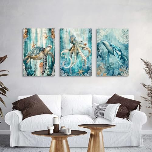 Blue Underwater World Wall Art Coastal Dolphin Decor for Bathroom Ocean Sea Turtle Marine Life Painting Beach Starfish Seascape Photo Prints Picture Nautical Artwork Nursery Home Decorations 24x36" 3P - Image 2