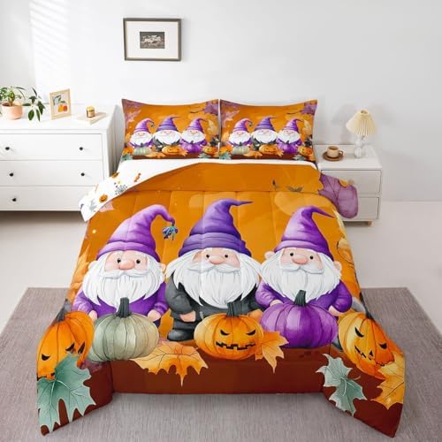Erosebridal Fall Gnome Comforter Set Twin Size Thanksgiving Pumpkin Bedding Set for Kids Children Autumn Harvest Down Comforter Maple Leaf Quilt Set Orange Purple Lightweight Room Decor 1 Pillow Case by Erosebridal