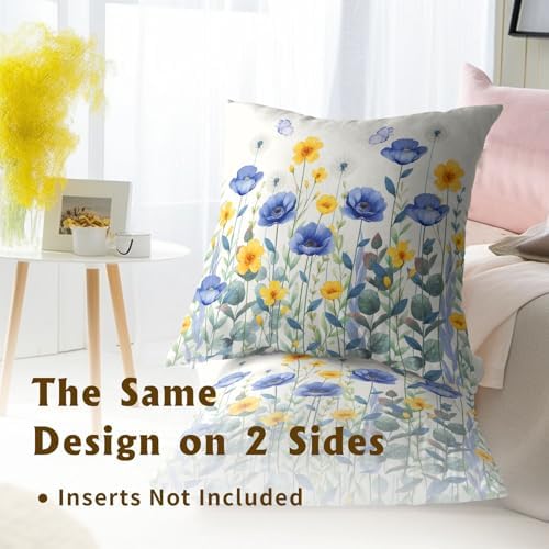 Sweetshow Spring Blue Yellow Flowers Throw Pillow Covers 20X20 Inches Set of 2 Poppy Floral Butterflies Pillowcase Soft Cotton Square Seasonal Cushion Covers for Living Room Sofa Bedroom Decor - Image 5