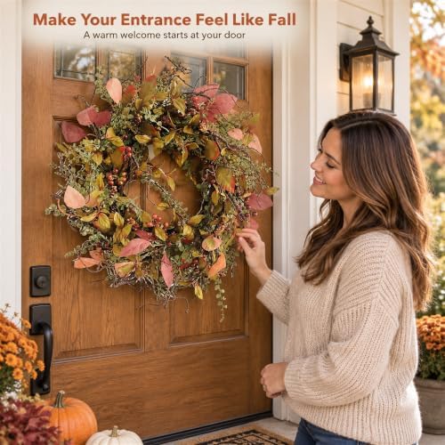 26 Inch Fall Wreath for Front Door Artificial Grapevine Wreath - Image 5