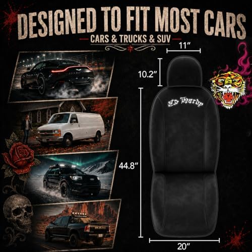 ED HARDY Car Seat Covers, Black Soft Short Plush & Silver Diamond Graphic