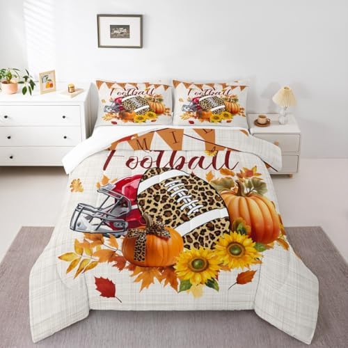Homewish American Football Comforter Set Fall Pumpkin Sunflowers Bedding Queen Size,Cartoon Sports Games Quilt for Kids Boys Girls Room Decor Rustic Botanical Duvet Insert 3Pcs,TYTS8656ZMD-BZ_USq - Image 5