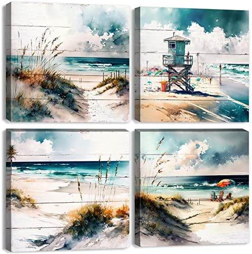 Teal Blue Beach Scenery Wall Art Vintage Beach Wall Decor for Bathroom Bedroom Ocean Pictures Watercolor Coastal Painting Nature Seascape Canvas Modern Artwork Living Room Home Decorations 16x16" 4Pcs by sunfrower