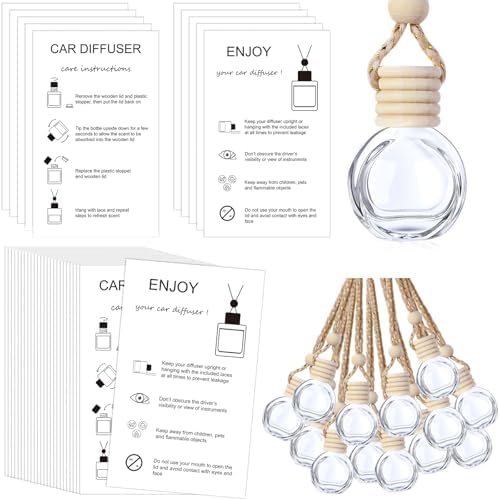 Boao 50 Sets Hanging Car Air Freshener Diffuser Bottles with 2 x 3.54 Inch Car Diffuser Instructions Cards for Empty Essential Oil Bottles(White Card,Round)