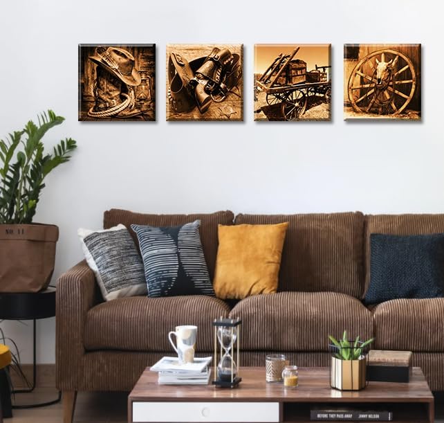 DJSYLIFE Western Decor Cowboy Wall Art Canvas Poster, 12" x 12" x 4pcs - Image 2