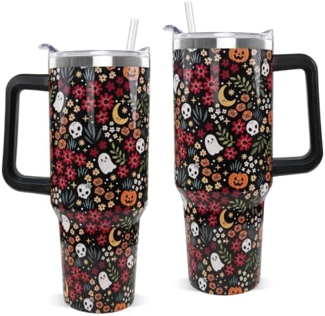 Halloween Tumbler with Handle 40oz Fall Cute Ghost Skull Flowers Coffee Travel Mug Stainless Steel Insulated Cups Halloween Fall Aesthetics Decor Gifts by Unknown