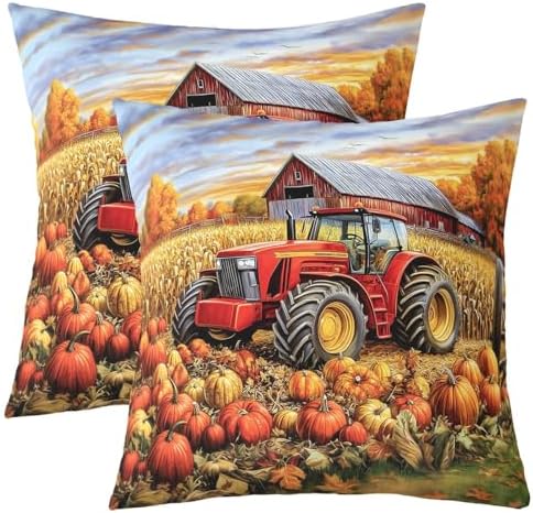 Farm Tractor Pillow Covers Pack of 2,Autumn Harvest Thanksgiving Day Rustic Cabin Double Sides Print Cushion Covers,Orange Pumpkin Marple Trees Wheat Square Couch Pillow Covers,24"x 24" by Manfei