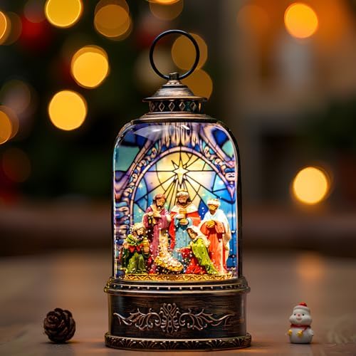 Christmas Snow Globe Swirling Glittering Nativity Scene with Music, USB Lined/Battery Operated Lighted Water Lantern for Christmas Festival Decoration Gifts - Image 2