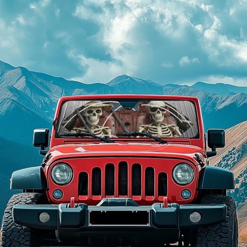 Renewold Funny Skull Driving Automotive Windshield Sun Shade Auto Sunshade Car Front Window Sun Visor Blocker Shield Fit for Jeep Wrangler JK JKU JL JLU 1997-2023 Gladiator JT Interior Car Accessories