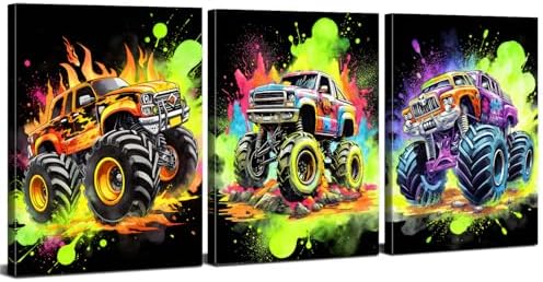 Monster Truck Canvas Wall Art Cool Watercolor Car Poster for Boys Room Modern Graffiti Truck Pictures Wall Decor Pop Vehicles Artwork Nursery Toddler Bathroom Bedroom Home Decoration 24x36" 3P by sunfrower