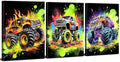 Monster Truck Canvas Wall Art Cool Watercolor Car Poster for Boys Room Modern Graffiti Truck Pictures Wall Decor Pop Vehicles Artwork Nursery Toddler Bathroom Bedroom Home Decoration 24x36" 3P by sunfrower