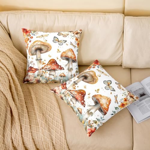 Manfei Mushroom Double Sides Print Pillow Covers 2 Pack,Jungle Botanical Plants Flowers Watercolor Fall Throw Pillow Case Covers,Rustic Farmhouse Butterfly Cushion Covers,18"x18" - Image 2