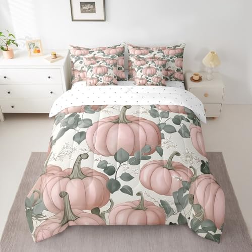 Erosebridal Retro Pink Pumpkin Bedding Set 7 Piece Eucalyptus Leaves King Comforter Set for Girls Women Autumn Farmhouse Thanksgiving Fall Bed in A Bag Cute White Floral Sheet Set with Comforter - Image 2