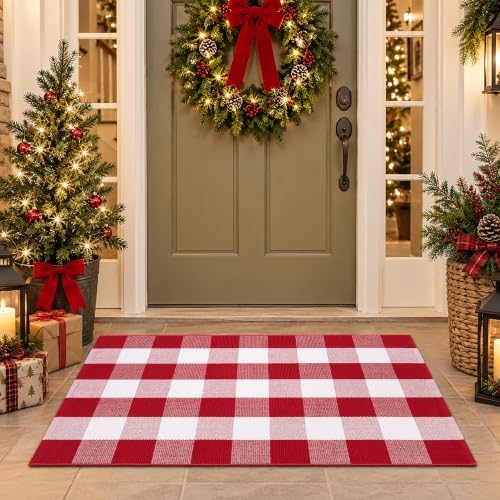 Christmas Red and White Plaid Door Mat, 28 x 43 Inches Cotton Hand-Woven Layered Entry Mat for Front Porch, Entryway, Outdoor Holiday Decor, Washable Buffalo Check Doormat for Home, Patio, Kitchen by Homydecor