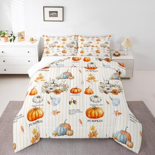 Homewish Fall Theme Pumpkin Comforter Set Full Size Maple Leaves Bedding Set Vintage Yellow White Stripes Quilt Set for Kids Girls Boys Women Bedroom Decor Rustic Farmhouse Plants Duvet Insert 3Pcs - Image 5