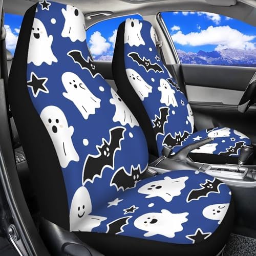 Car Seat Covers 2 Pcs Set, Halloween Ghost Bat Car Accessories for Auto Trucks Van SUV, Kawaii Ghost Cute Cartoon Pattern Auto Interior Protector Cover Set Blue