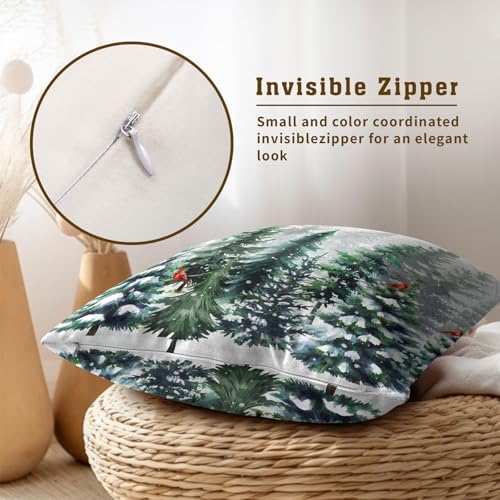 Winter Watercolor Snowflake Throw Pillow Covers 12X12 Inches Set of 2 Green Pine Tree Forest Red Bird Pillowcase Soft Cotton Square Cushion Covers for Home Sofa Bedroom Decoration - Image 4
