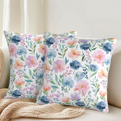 KiuLoam Spring Pillow Covers 20x20 Inch Set of 2, Blue Pink Watercolor Floral Leaf Rustic Farmhouse Decorative Throw Pillows, Spring Outdoor Square Cushion Cases for Sofa Couch Bed Home Decor - Image 2