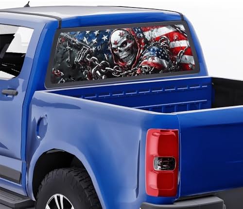 American Style Skulls Truck Rear Window Graphic Decals, Watercolor Flag Horror Skeleton Pickup Car Window Stickers Truck Back Window Film Decal for Trucks SUV 66 x 22 inch