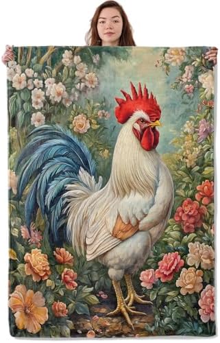 Rooster & Floral Blanket, Soft Warm Cozy Throw Gifts for Adults Kids Women, Lightweight Comfy Fuzzy Flannel Blankets for Couch, Travel, Car, Home Decor 60×50 Inch by Unknown