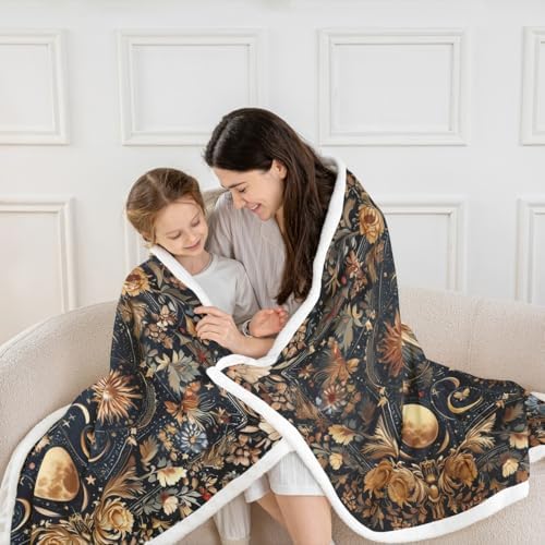 Sun and Moon Throw Blanket Mysterious Starry Galaxy Fleece Flannel Blankets Kids Boys Girls Room Decor Retro Flowers Plant Bed Blankets for Bed Sofa Couch Black Gold Orange Plush Blanket Twin 60"x80" - Image 2