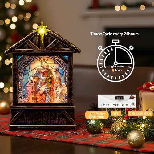 Christmas Snow Globe Lantern Water Glittering Nativity Manger with Star, USB Lined/Battery Operated Lighted Lantern for Christmas Festival Decoration Gifts - Image 3