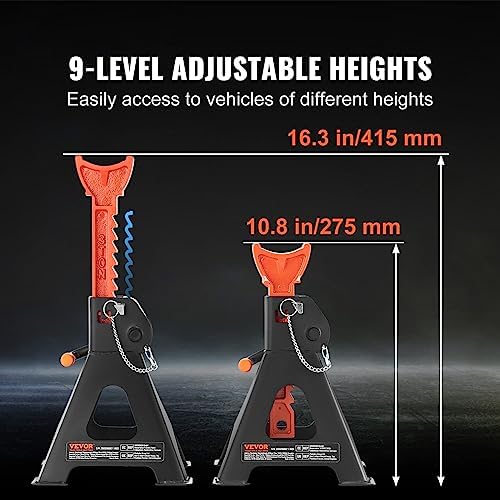 VEVOR Jack Stands, 3 Ton (6,000 lbs) Capacity Car Jack Stands Double Locking, 10.8-16.3 inch Adjustable Height, for Lifting SUV, Pickup Truck, Car and UTV/ATV, Red, 1 Pair