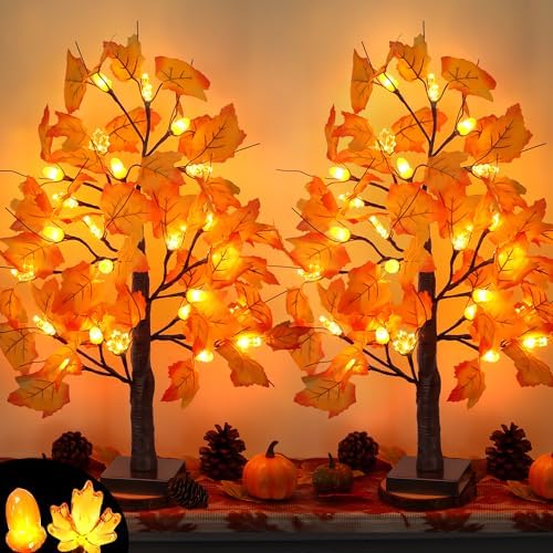 2 Pack 24 Inch Lighted Maple Trees with 48 LEDs & Timer, Fall Decorations for Home, Battery Operated Artificial Autumn Tabletop Tree with Acorns Maple, Indoor Fall Decor Thanksgiving Table Centerpiece by Grastfu