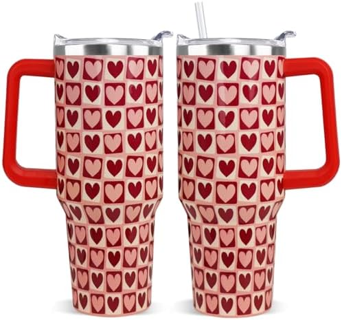 Valentines Tumbler 40oz Love Heart Tumbler Coffee Mugs Buffalo Check Heart Leak Proof Cups with Handle and Straw Stainless Steel Insulated Water Bottle for Valentine Decor Gifts for Women Her(1PCS) by Unknown