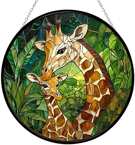 Stained Glass Window Hanging - Mom and Baby Giraffe Suncatcher Ready to Hang Window Doors Home Decoration and Christmas, Mother's Day Birthday Gifts for Women, Men, and Mom 7.8x7.8 in by 365CUSGIFTS