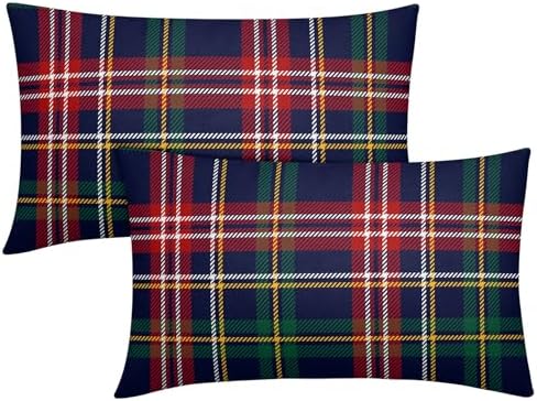 Christmas Tartan Lumbar Pillow Covers 12x20 Set of 2 Navy Blue Green Red Plaid Print Decorative Outdoor Xmas Throw Pillow Cases Winter Holiday Decoration Farmhouse Sofa Couch Cushion Cover Bed Decor by Trongr