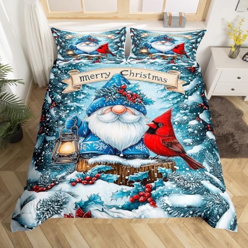 Manfei Kawaii Santa Claus Kids Duvet Cover Set Queen Size,Poinsettia Cardinal Christmas Birds Bedding Set,Holly Berries Winter Snowflake Room Decor,Blue Red Quilt Cover,2 Pillowcases(No Comforter) - Image 4