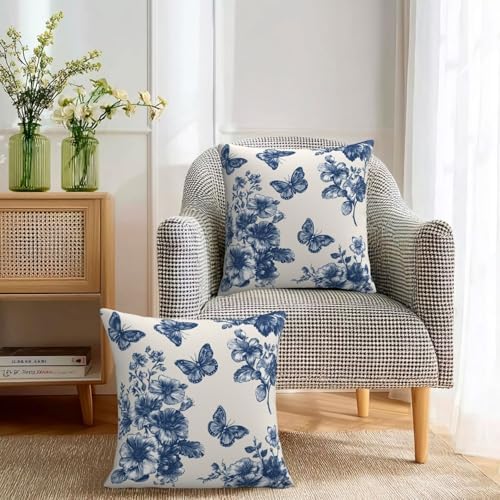 KiuLoam Navy Blue Floral and Butterfly Pillow Covers 22x22 Inch Set of 2, Vintage Chinoiserie Rustic Decorative Throw Pillows, Farmhouse Outdoor Square Cushion Cases for Sofa Couch Bed Home Decor - Image 3