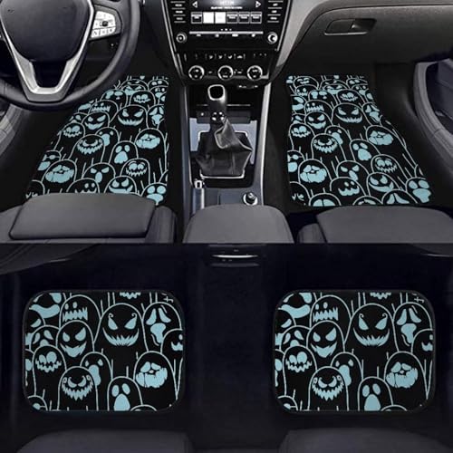 Aqua Black Ghost Print Funny Halloween Car Floor Mats 4 PCS, Cute Durable Interior Accessories for Car SUV, All Weather Floor Mats with Front Rear Trunk Liners Set for Party