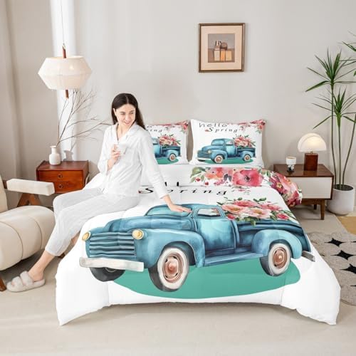 Spring Floral Truck Comforter Set Twin Size Kids Girls Boys Cartoon Watercolor Garden Plants Bedding Set 2pcs Cartoon Car Quilt Set Home Decor White Microfiber Duvet Insert,1 Pillowcase - Image 5