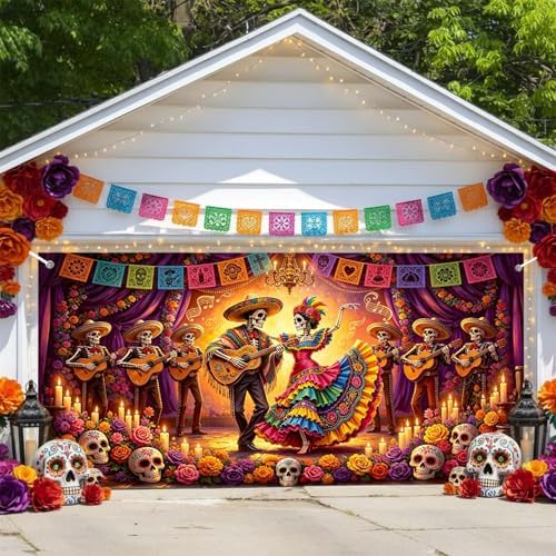 Day of The Dead Garage Door Cover 8x7ft Skull Dancing Halloween Decor by Lacoiime